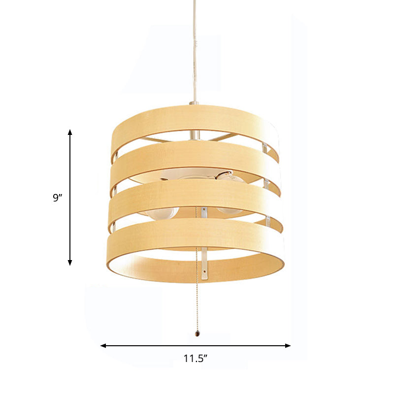 Modern Beige Pendant Chandelier With Pull Chain - Wood Cylinder Frame 2 Bulbs Included