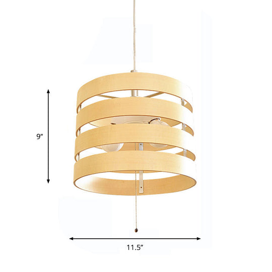 Modern Beige Pendant Chandelier With Pull Chain - Wood Cylinder Frame 2 Bulbs Included