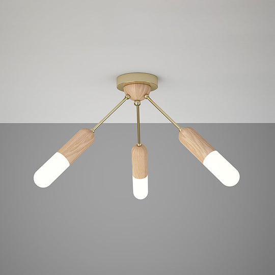 Modern Wood Capsule Semi Mount Ceiling Lamp for Bedroom - Beige, 3/5-Light