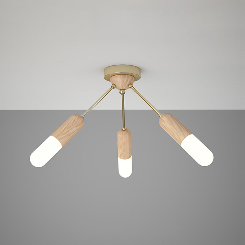 Modern Wood Capsule Semi Mount Ceiling Lamp For Bedroom - Beige 3/5-Light