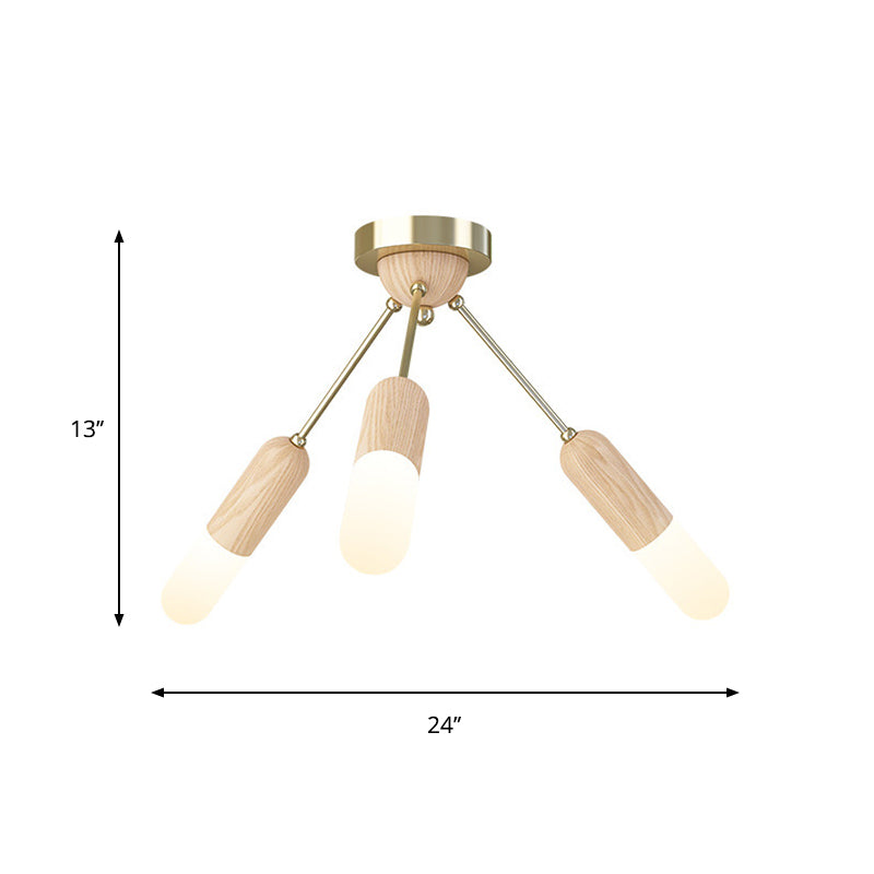 Modern Wood Capsule Semi Mount Ceiling Lamp for Bedroom - Beige, 3/5-Light