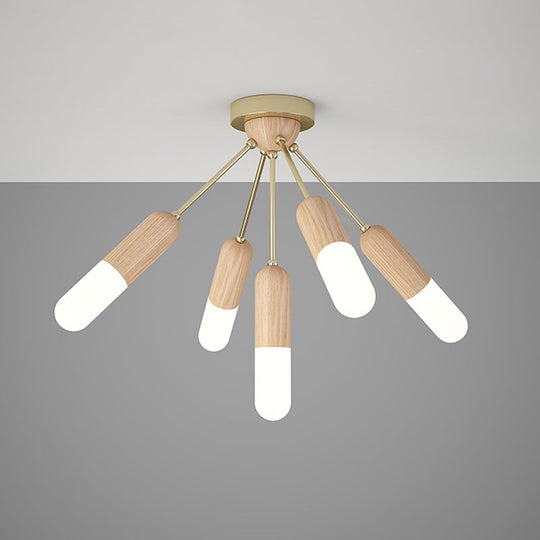 Modern Wood Capsule Semi Mount Ceiling Lamp for Bedroom - Beige, 3/5-Light