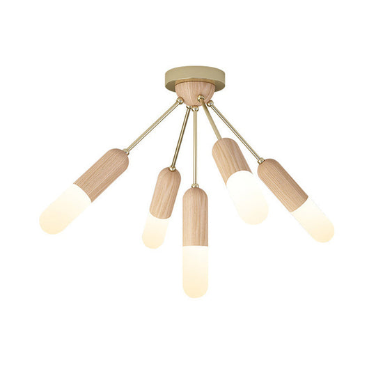 Modern Wood Capsule Semi Mount Ceiling Lamp for Bedroom - Beige, 3/5-Light