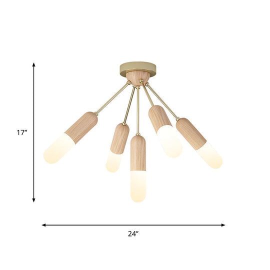 Modern Wood Capsule Semi Mount Ceiling Lamp for Bedroom - Beige, 3/5-Light