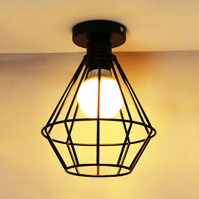 Farmhouse Diamond Cage Flush Mount Light Fixture - Black Metal Ceiling Lamp