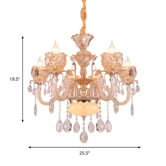 Modern Amber Glass Candle Chandelier with Crystal Drop - 6/8 Bulbs - Elegant Living Room Pendant - Gold Lamp