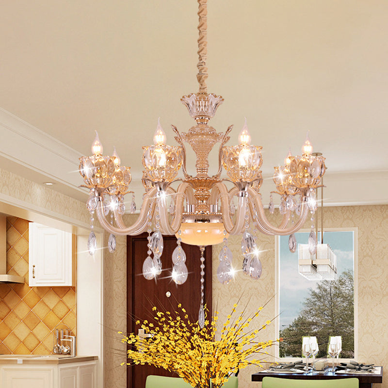 Modern Amber Glass Candle Chandelier with Crystal Drop - 6/8 Bulbs - Elegant Living Room Pendant - Gold Lamp