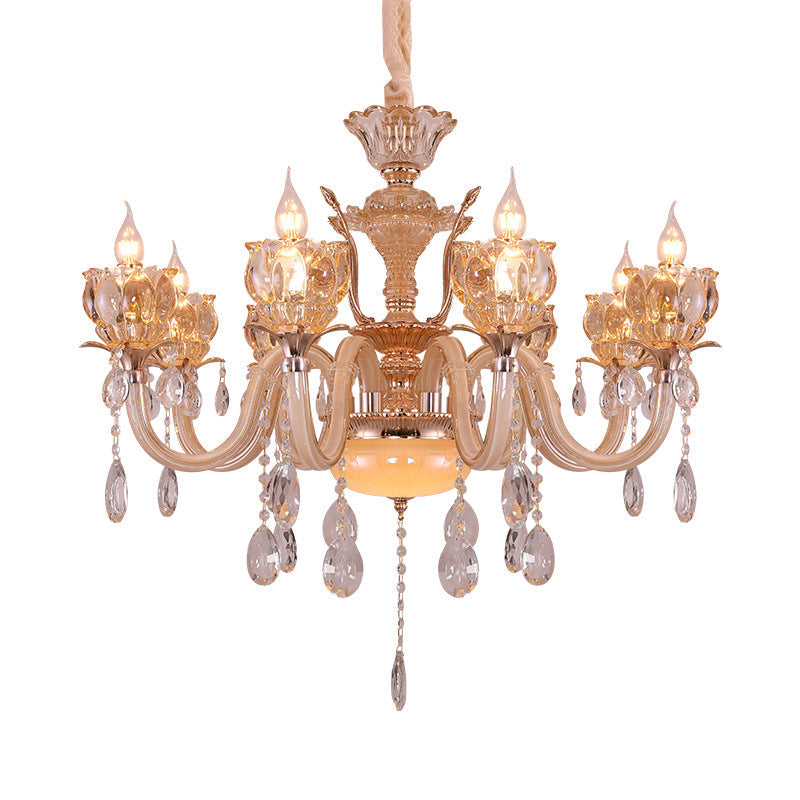 Modern Amber Glass Candle Chandelier with Crystal Drop - 6/8 Bulbs - Elegant Living Room Pendant - Gold Lamp