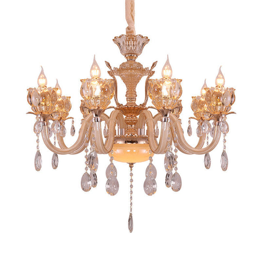 Modern Amber Glass Candle Chandelier with Crystal Drop - 6/8 Bulbs - Elegant Living Room Pendant - Gold Lamp