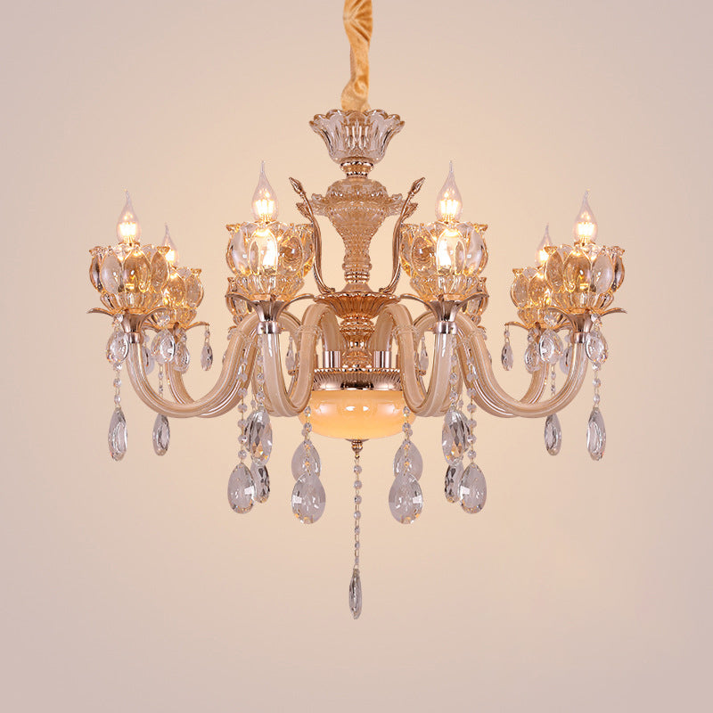 Modern Amber Glass Candle Chandelier with Crystal Drop - 6/8 Bulbs - Elegant Living Room Pendant - Gold Lamp