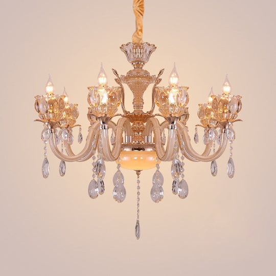 Modern Amber Glass Candle Chandelier with Crystal Drop - 6/8 Bulbs - Elegant Living Room Pendant - Gold Lamp