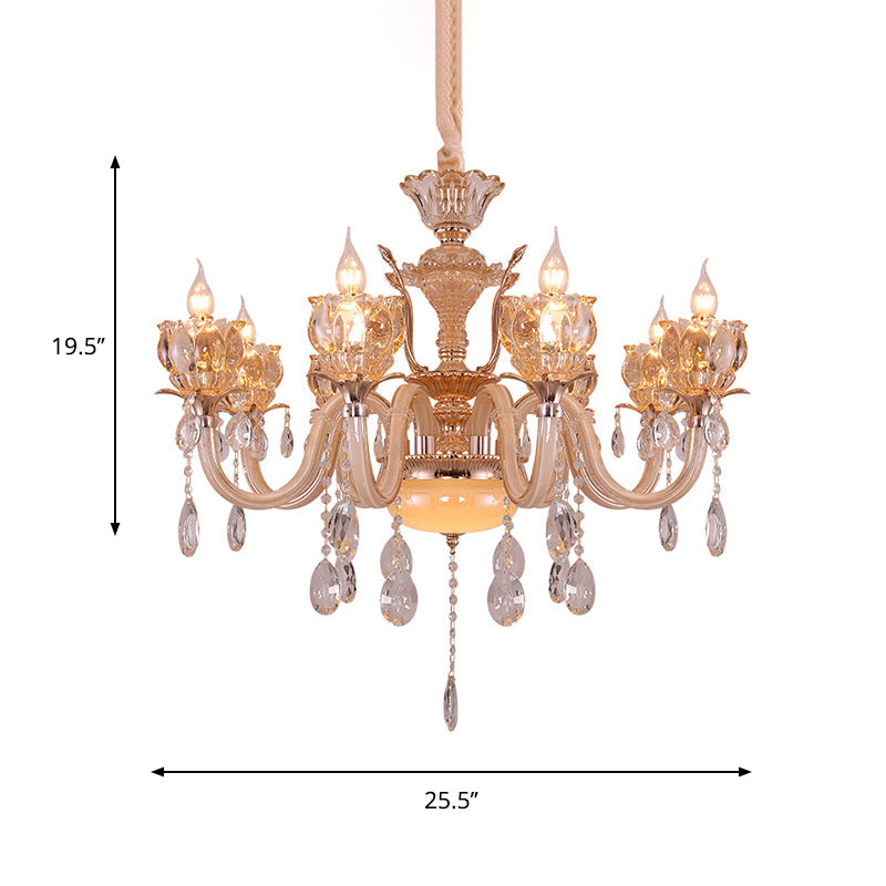 Modern Amber Glass Candle Chandelier with Crystal Drop - 6/8 Bulbs - Elegant Living Room Pendant - Gold Lamp