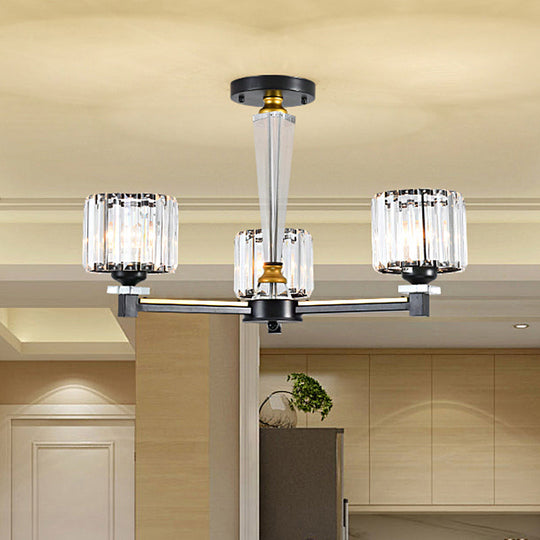 Modern Black Flush Light Fixture with Clear Crystal Blocks and 3 Bulbs