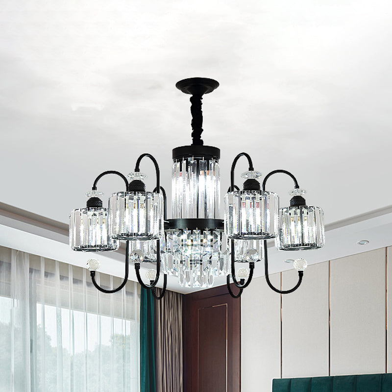 Modern Crystal Black Chandelier - 5/8 Cylindrical Heads - Suspension Light with Gooseneck Arm