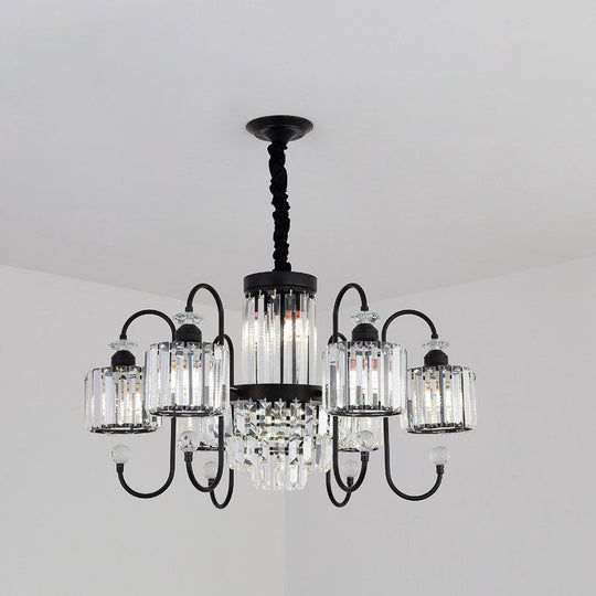 Modern Crystal Black Chandelier - 5/8 Cylindrical Heads - Suspension Light with Gooseneck Arm