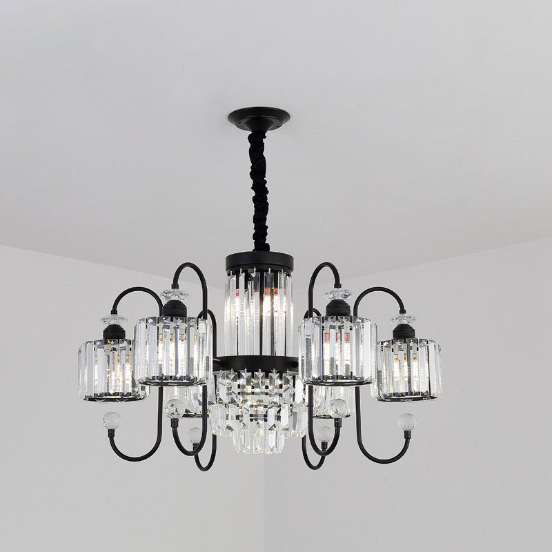 Modern Black Crystal Chandelier - 5/8 Cylindrical Heads With Gooseneck Arm