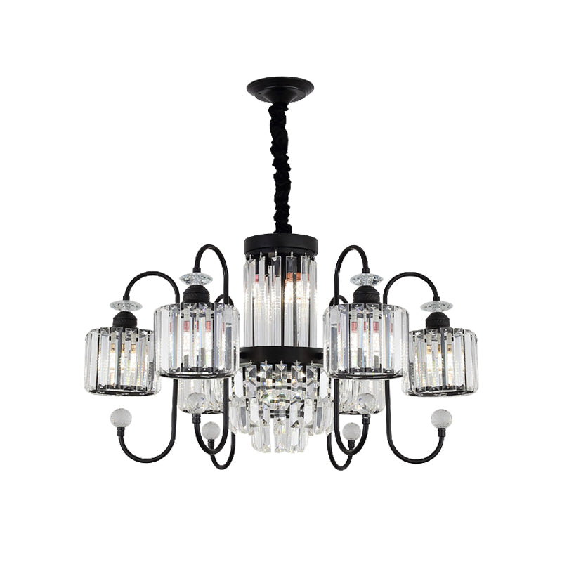 Modern Crystal Black Chandelier - 5/8 Cylindrical Heads - Suspension Light with Gooseneck Arm