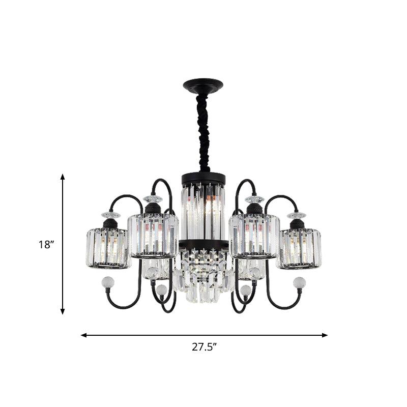 Modern Crystal Black Chandelier - 5/8 Cylindrical Heads - Suspension Light with Gooseneck Arm