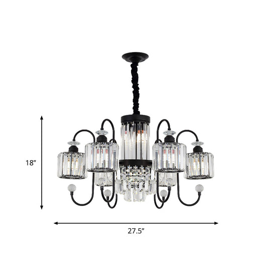 Modern Black Crystal Chandelier - 5/8 Cylindrical Heads With Gooseneck Arm