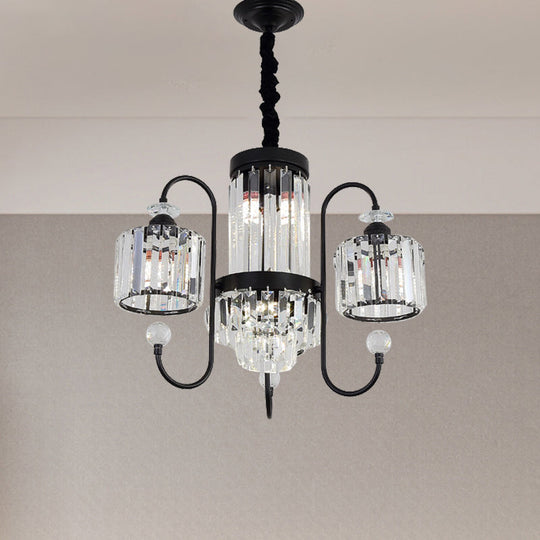 Modern Crystal Black Chandelier - 5/8 Cylindrical Heads - Suspension Light with Gooseneck Arm