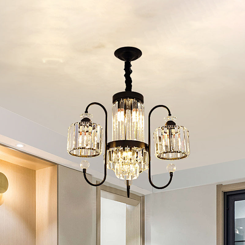 Modern Crystal Black Chandelier - 5/8 Cylindrical Heads - Suspension Light with Gooseneck Arm