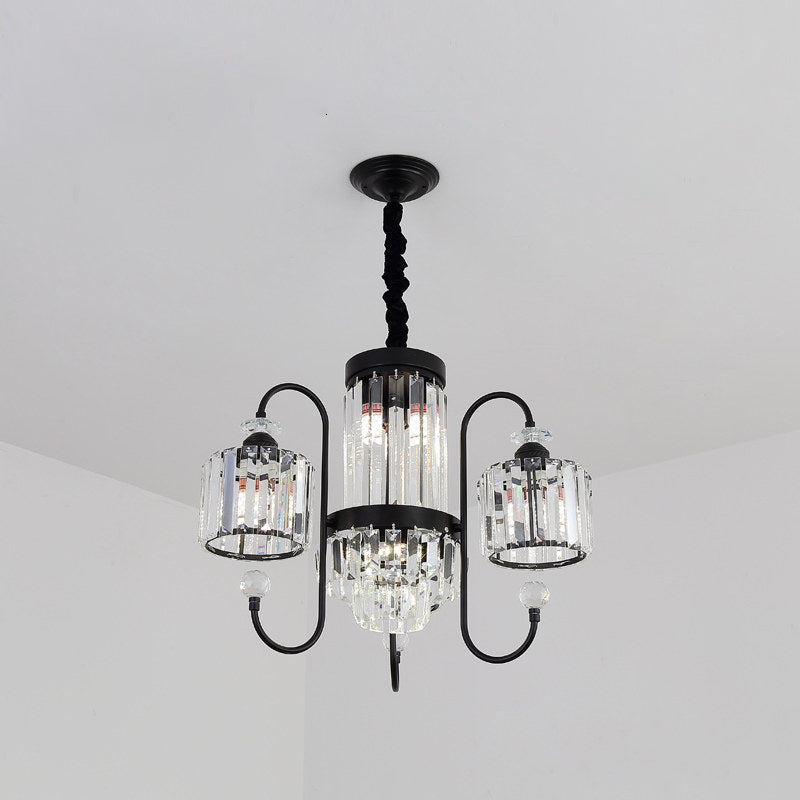 Modern Crystal Black Chandelier - 5/8 Cylindrical Heads - Suspension Light with Gooseneck Arm