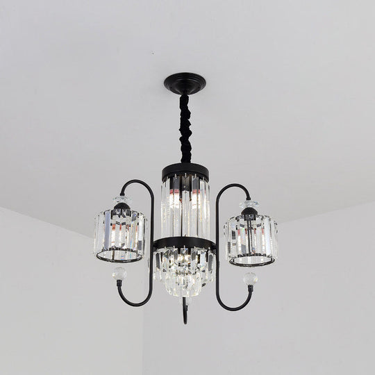 Modern Black Crystal Chandelier - 5/8 Cylindrical Heads With Gooseneck Arm