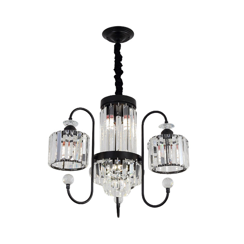 Modern Crystal Black Chandelier - 5/8 Cylindrical Heads - Suspension Light with Gooseneck Arm