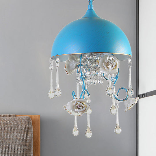 Blue Iron Pendant Chandelier With Crystal Drop And Rose Decor - Set Of 3 Bulbs