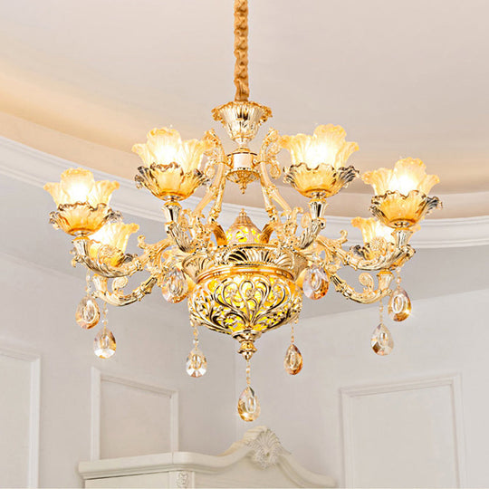 Gold Luxury Flower Chandelier With Amber Glass And Crystal Draping - 6/8 Bulbs Ceiling Light