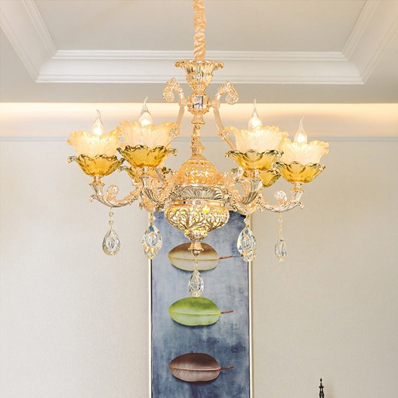 Gold Luxury Flower Chandelier With Amber Glass And Crystal Draping - 6/8 Bulbs Ceiling Light