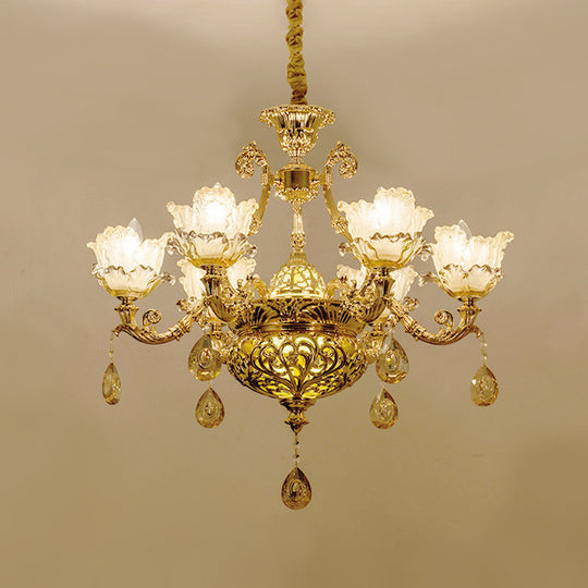 Gold Luxury Flower Chandelier With Amber Glass And Crystal Draping - 6/8 Bulbs Ceiling Light