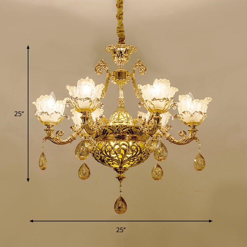 Gold Luxury Flower Chandelier With Amber Glass And Crystal Draping - 6/8 Bulbs Ceiling Light