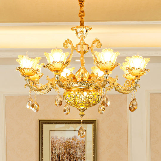 Gold Luxury Flower Chandelier With Amber Glass And Crystal Draping - 6/8 Bulbs Ceiling Light