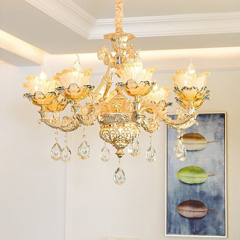 Gold Luxury Flower Chandelier With Amber Glass And Crystal Draping - 6/8 Bulbs Ceiling Light