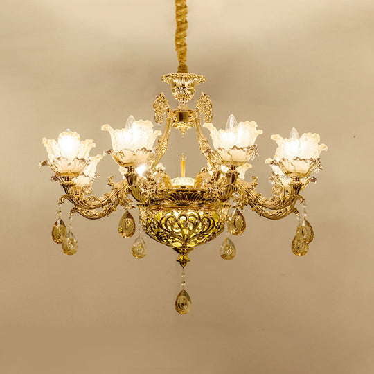 Gold Luxury Flower Chandelier With Amber Glass And Crystal Draping - 6/8 Bulbs Ceiling Light