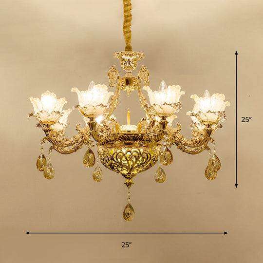 Gold Luxury Flower Chandelier With Amber Glass And Crystal Draping - 6/8 Bulbs Ceiling Light