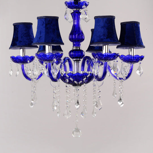 Modern Blue Crystal Chandelier With 6 Bulbs Candle/Bell Design And Optional Fabric Shade