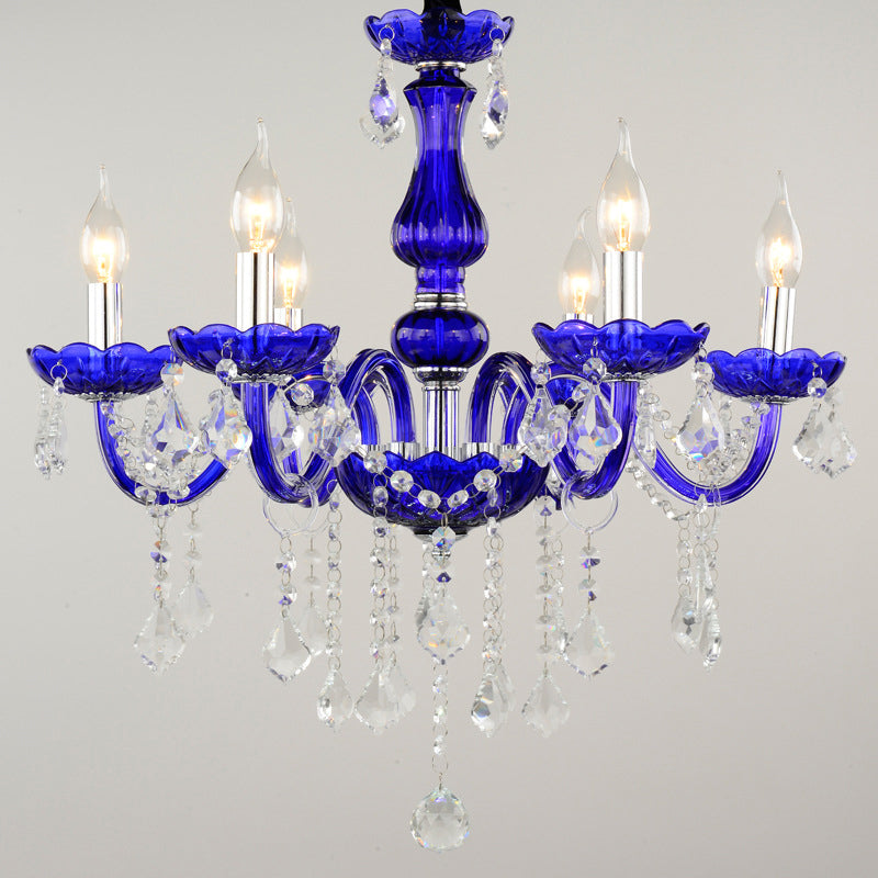 Modern Blue Crystal Chandelier With 6 Bulbs Candle/Bell Design And Optional Fabric Shade