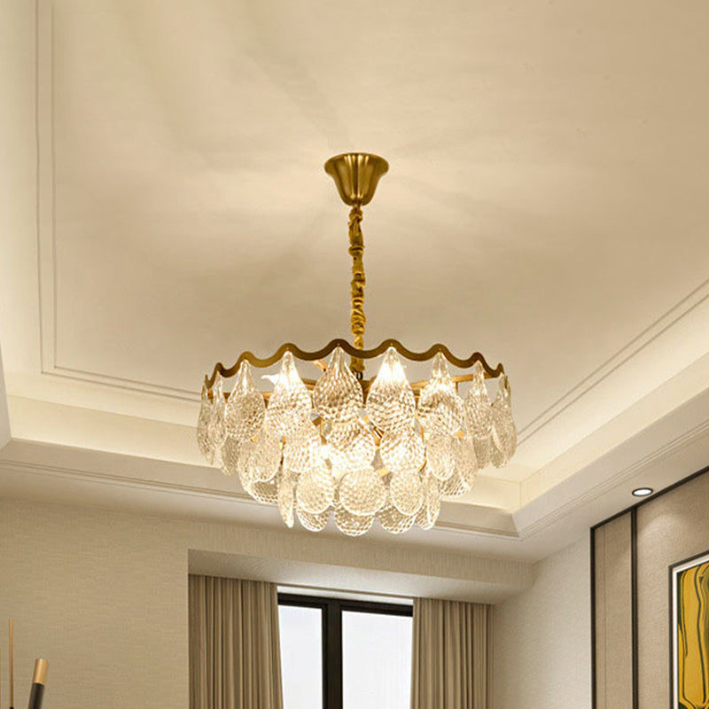 Modern Bedroom Chandelier: Tiered Design With Clear K9 Crystal 8 Bulbs Brass Suspension Light