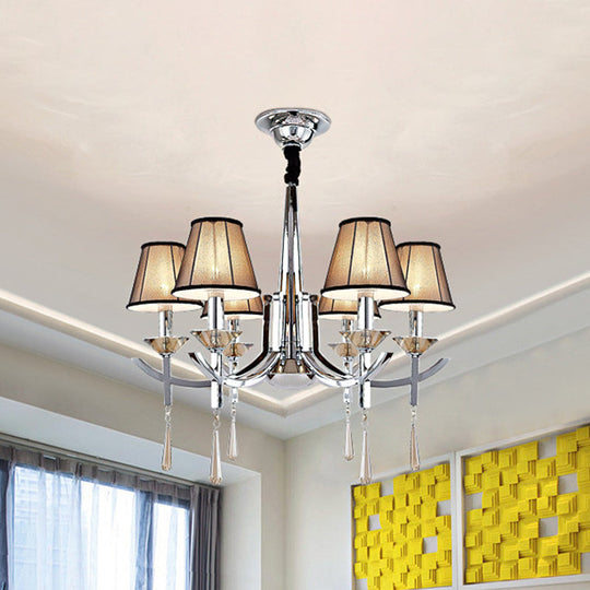 Chrome Tapered Pendant Chandelier With Crystal Drop - Modern Fabric 6-Light Ceiling Lamp For Bedroom