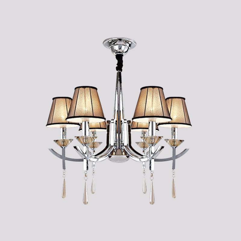 Modern Chrome Tapered Pendant Chandelier with 6 Lights, Fabric Shade, Crystal Drops - Bedroom Ceiling Lamp