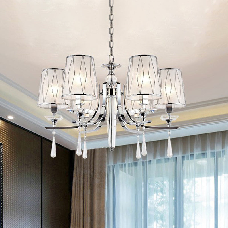 Modern Cone Chandelier With Crystal Draping - Fabric Chrome Pendant Light (6 Lights)