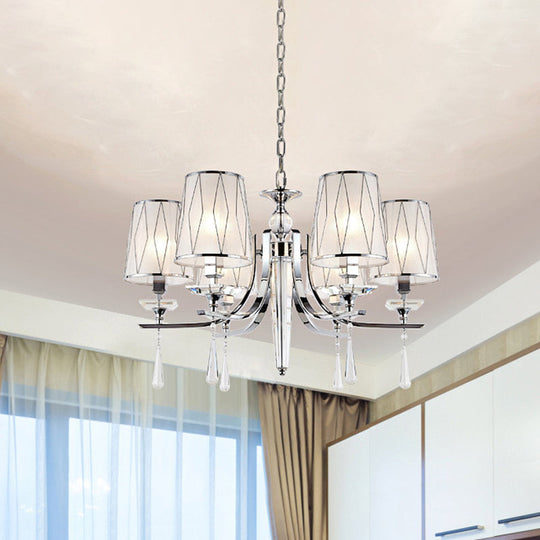 Modern Cone Chandelier With Crystal Draping - Fabric Chrome Pendant Light (6 Lights)