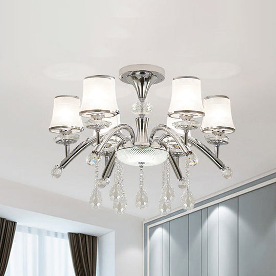 Contemporary Bell Semi Flush Mount Light with Crystal Drop - 6-Bulb Chrome Flush Light in Frosted Glass