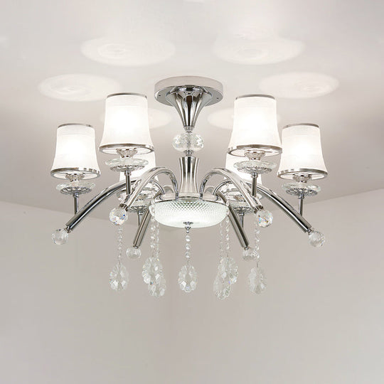 Contemporary Bell Semi Flush Mount Light with Crystal Drop - 6-Bulb Chrome Flush Light in Frosted Glass