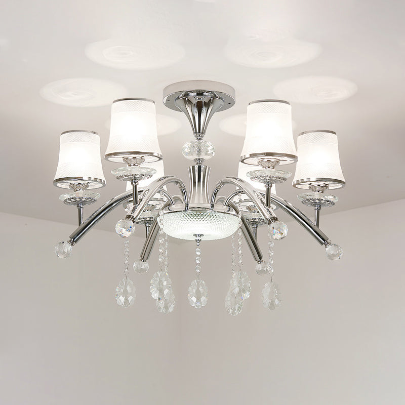 Contemporary Bell Semi Flush Mount Light With Crystal Drop - 6-Bulb Chrome In Frosted Glass