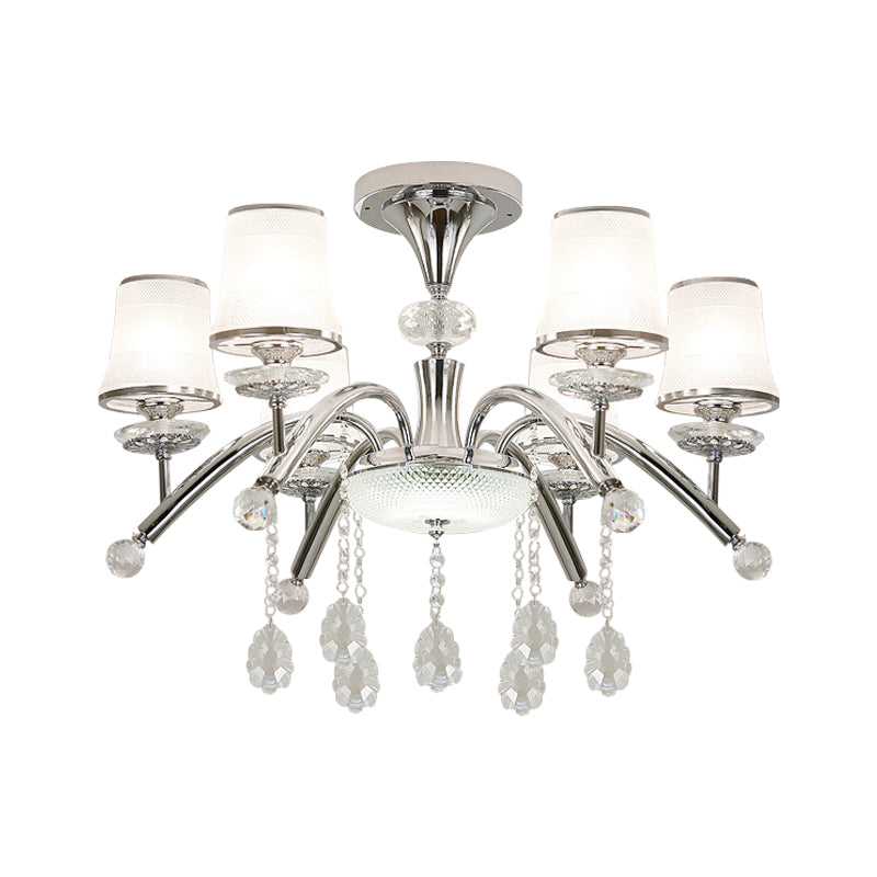 Contemporary Bell Semi Flush Mount Light with Crystal Drop - 6-Bulb Chrome Flush Light in Frosted Glass