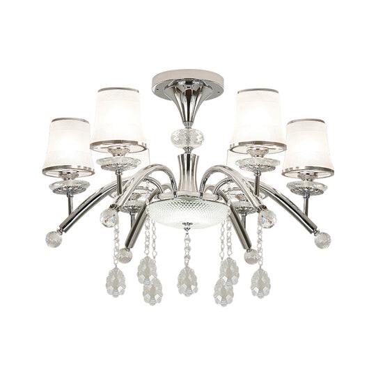 Contemporary Bell Semi Flush Mount Light with Crystal Drop - 6-Bulb Chrome Flush Light in Frosted Glass