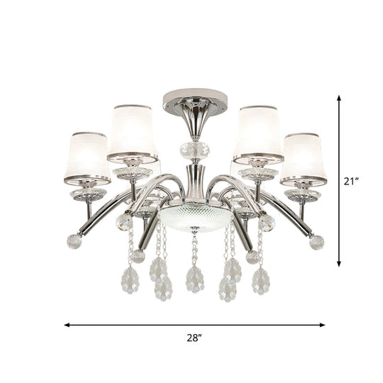 Contemporary Bell Semi Flush Mount Light with Crystal Drop - 6-Bulb Chrome Flush Light in Frosted Glass